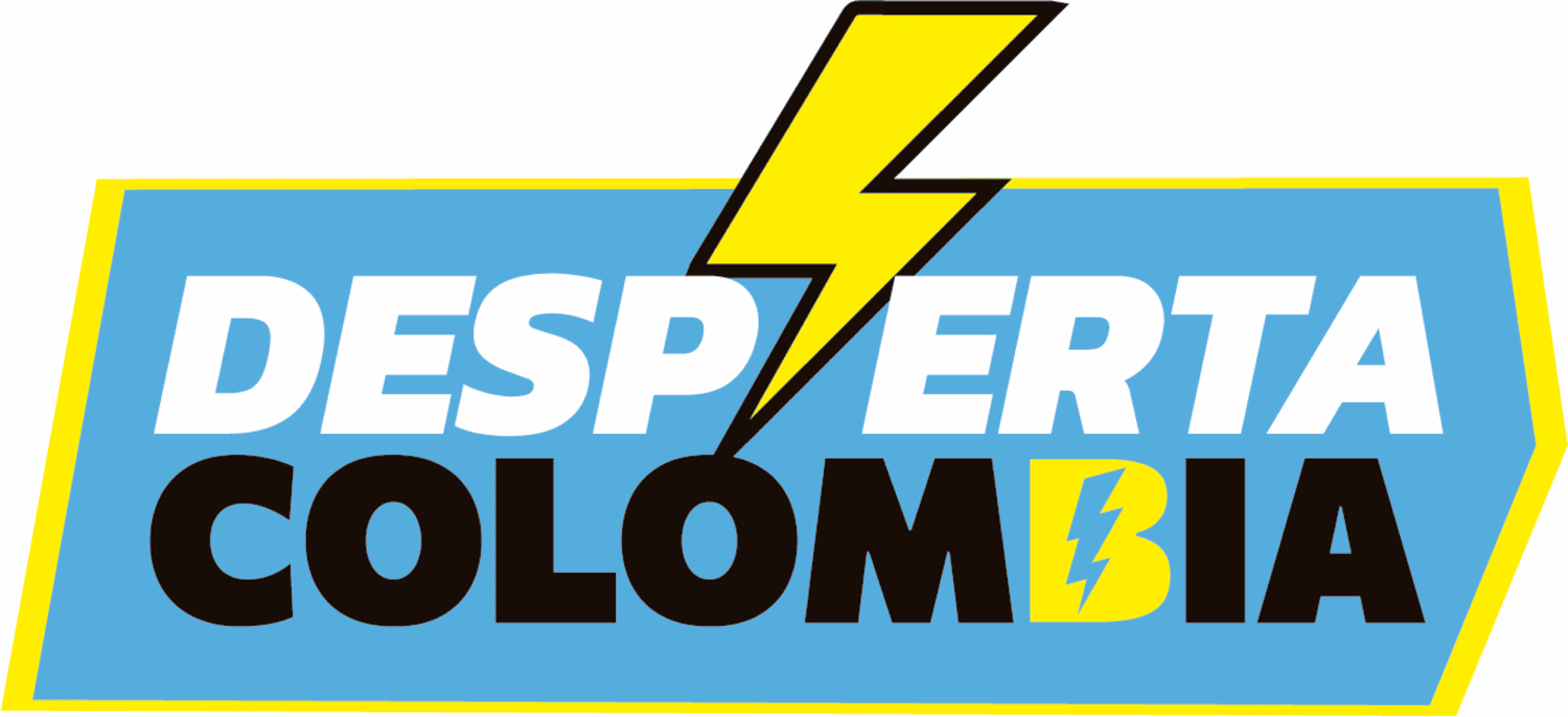 DESPIERTA COLOMBIA, logo diseñado con un rayo que cambia la letra i en el "despierta" con un rayo de triple descenso en la letra B de la palabra "Colombia". El fondo es de color azul, la palabra despierta es de color blanco, la palabra colombia es de color negro, pero la B de la misma palabra es de color amarillo sin contorno con un rayo de triple caida en color azul. el borde de toso el logo en general es es de color amarillo.