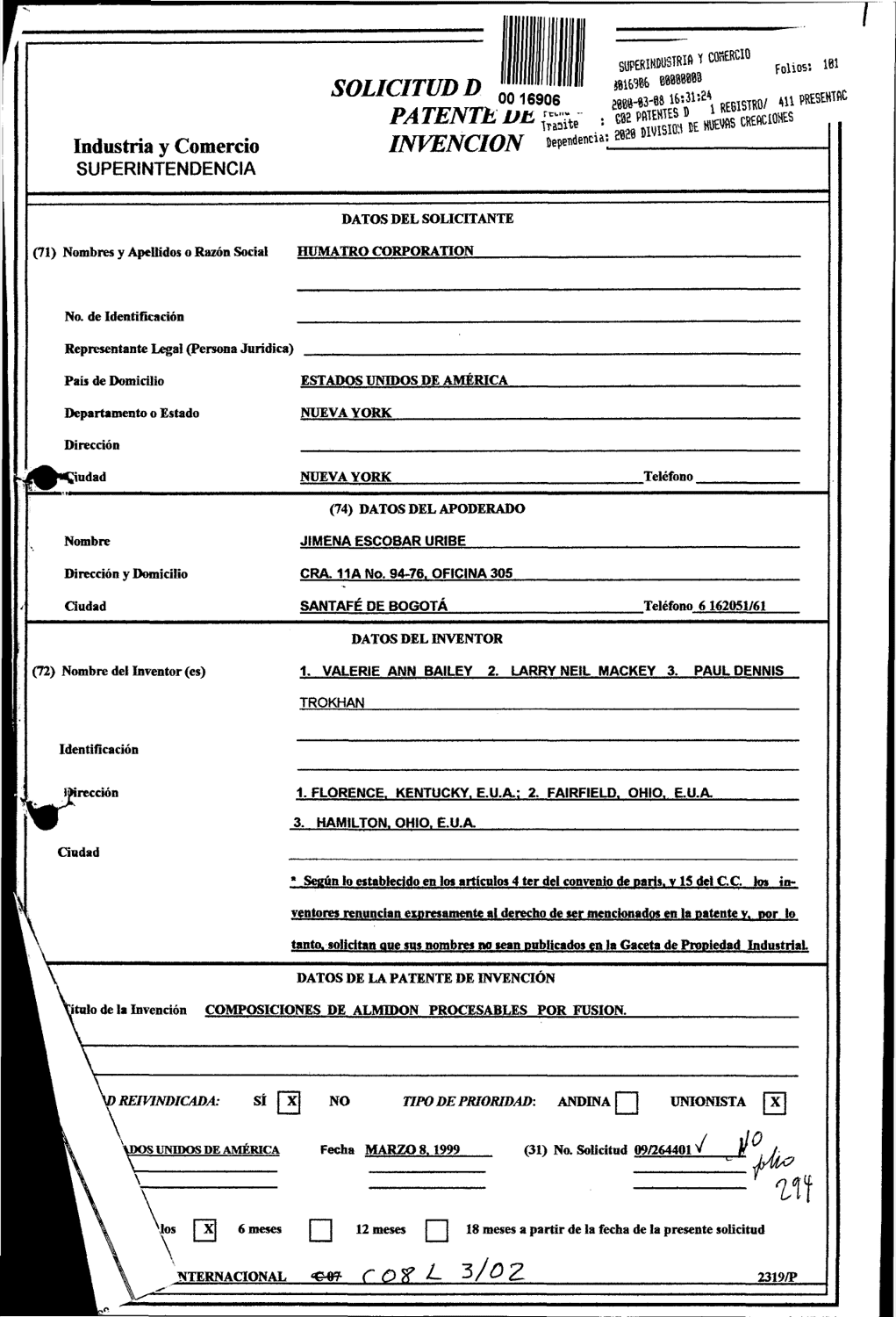 COMPOSICIONES DE ALMIDON PROCESABLE POR FUSION