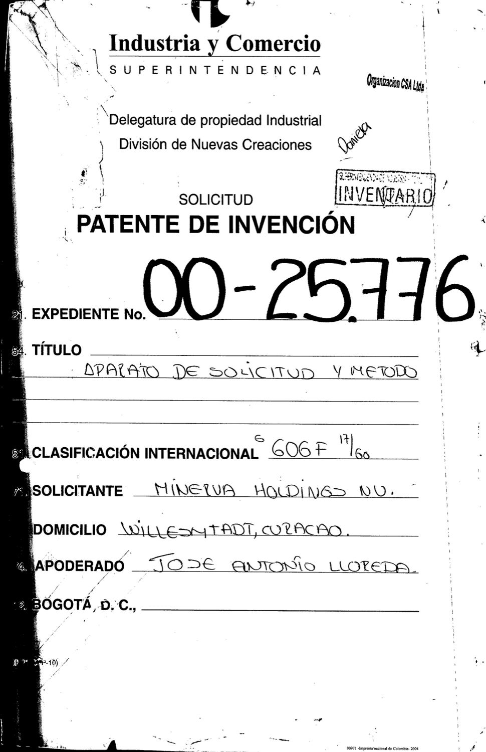 APARATO DE SOLICITUD Y METODO