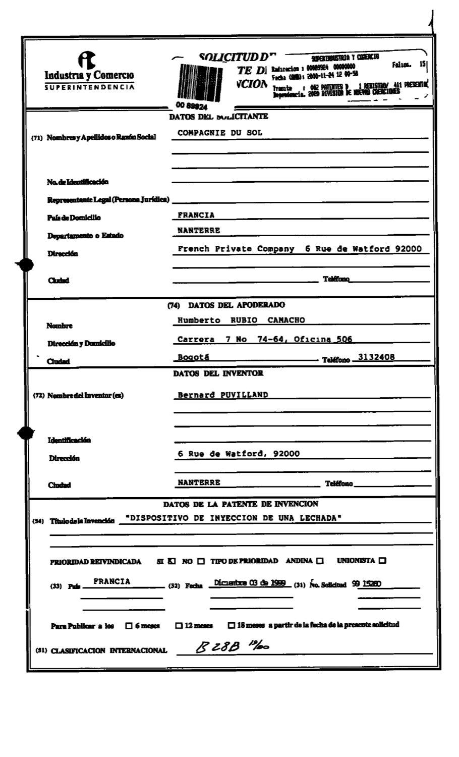 DISPOSITIVO DE INYECCION DE UNA LECHADA
