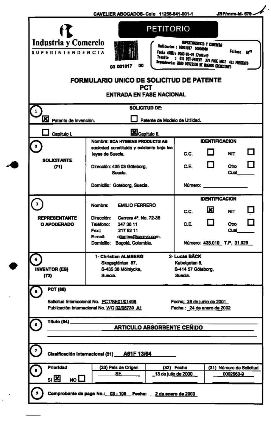 ARTICULO ABSORBENTE CEÑIDO