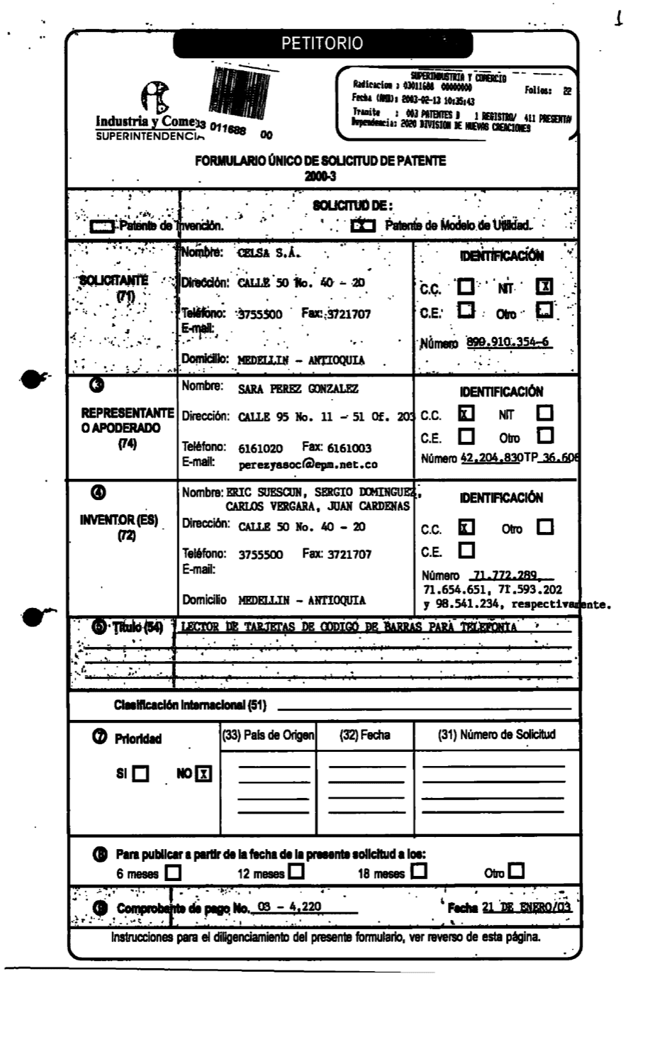 LECTOR DE TARJETAS DE CODIGO DE BARRAS PARA TELEFONIA