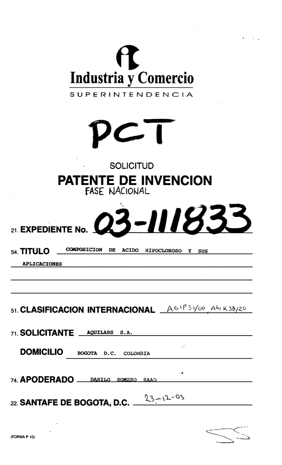 COMPOSICION DE ACIDO HIPOCLOROSO