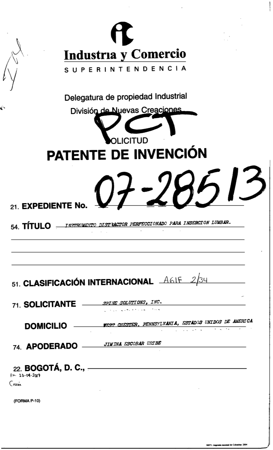 INSTRUMENTO DISTRACTOR PERFECCIONADO PARA INSERCION LUMBAR