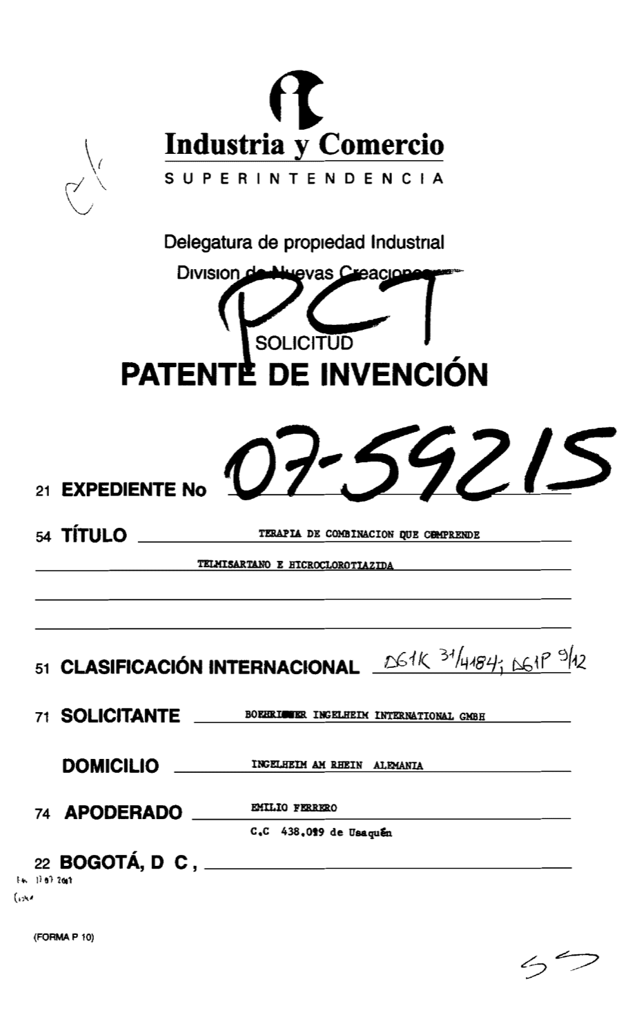 TERAPIA DE COMBINACION QUE COMPRENDE TELMISARTANO E HICROCLOROTIAZIDA