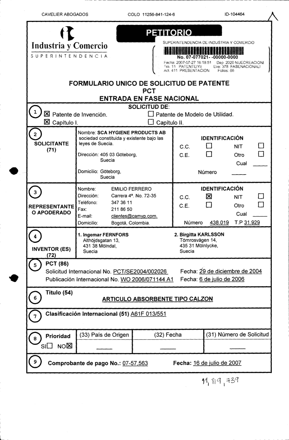ARTICULO ABSORBENTE TIPO CALZON