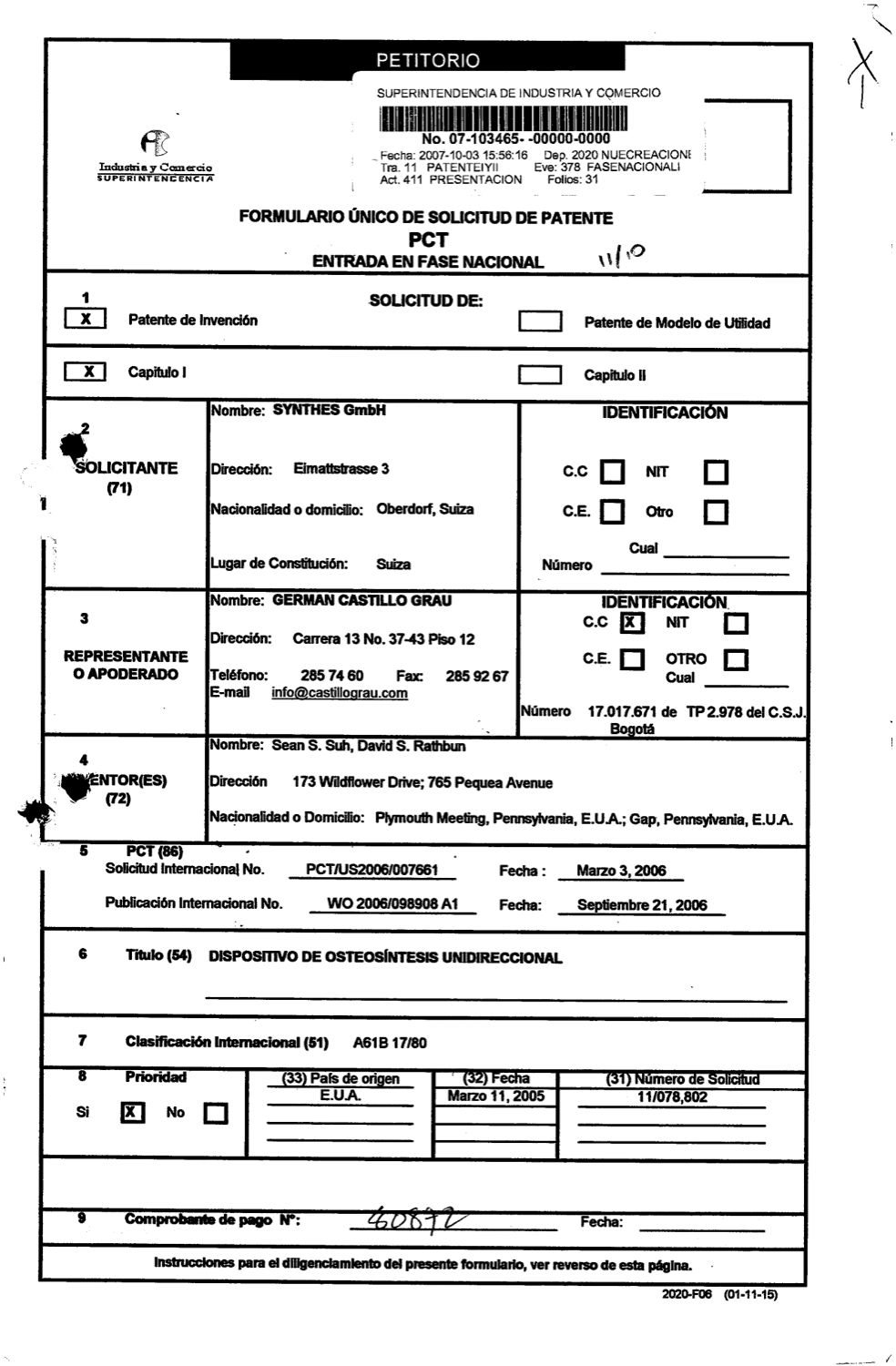 DISPOSITIVO DE OSTEOSÍNTESIS UNIDIRECCIONAL