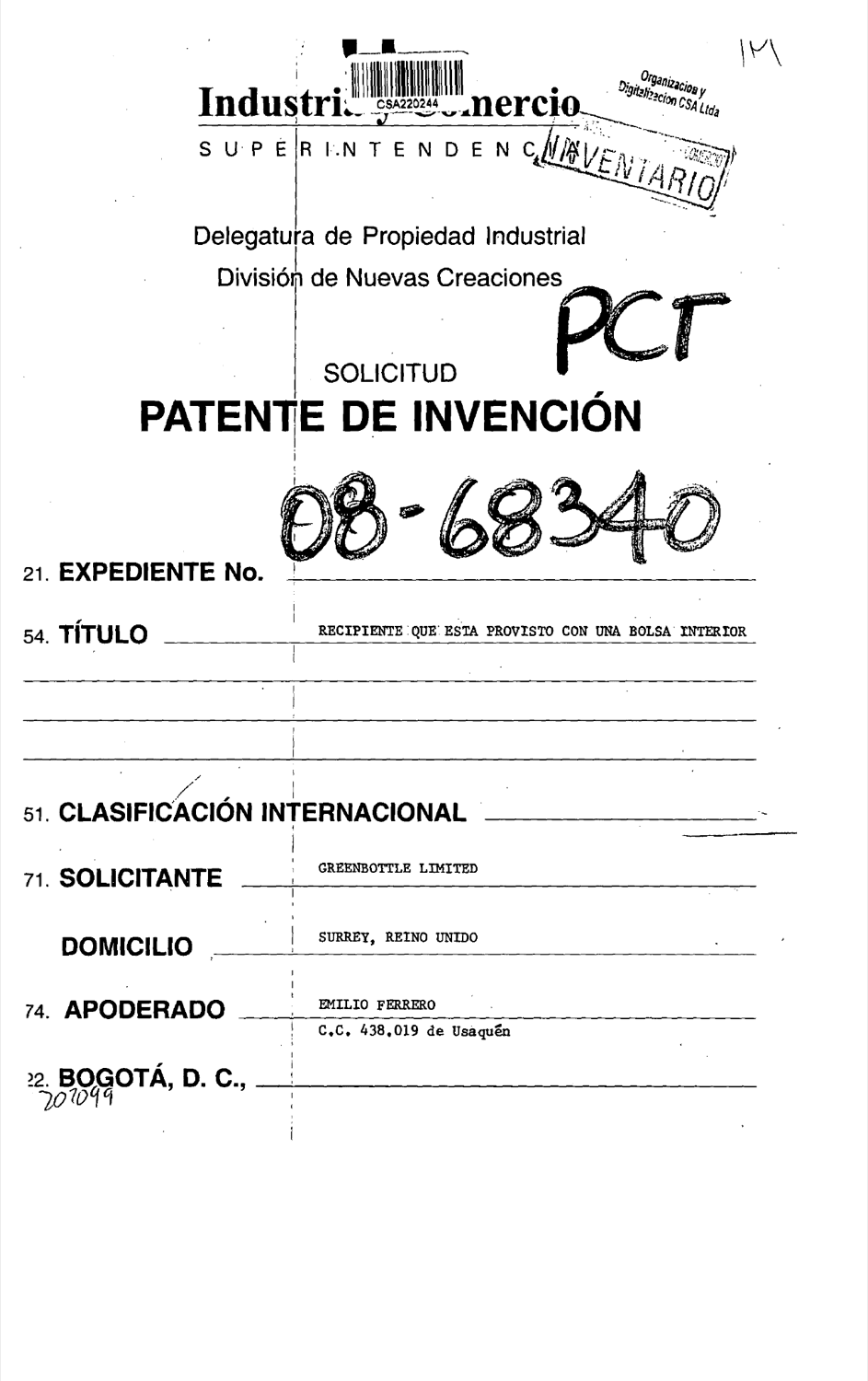 RECIPIENTE QUE ESTA PROVISTO CON UNA BOLSA INTERIOR