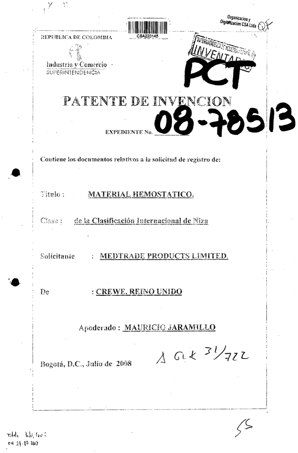 MATERIAL HEMOSTATICO (INERTE) PARA USO EN EL CONTROL DE HEMORRAGIA.