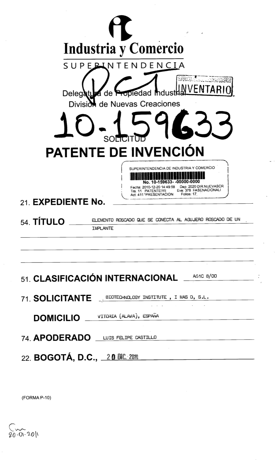 ELEMENTO ROSCADO QUE SE CONECTA AL AGUJERO ROSCADO DE UN IMPLANTE