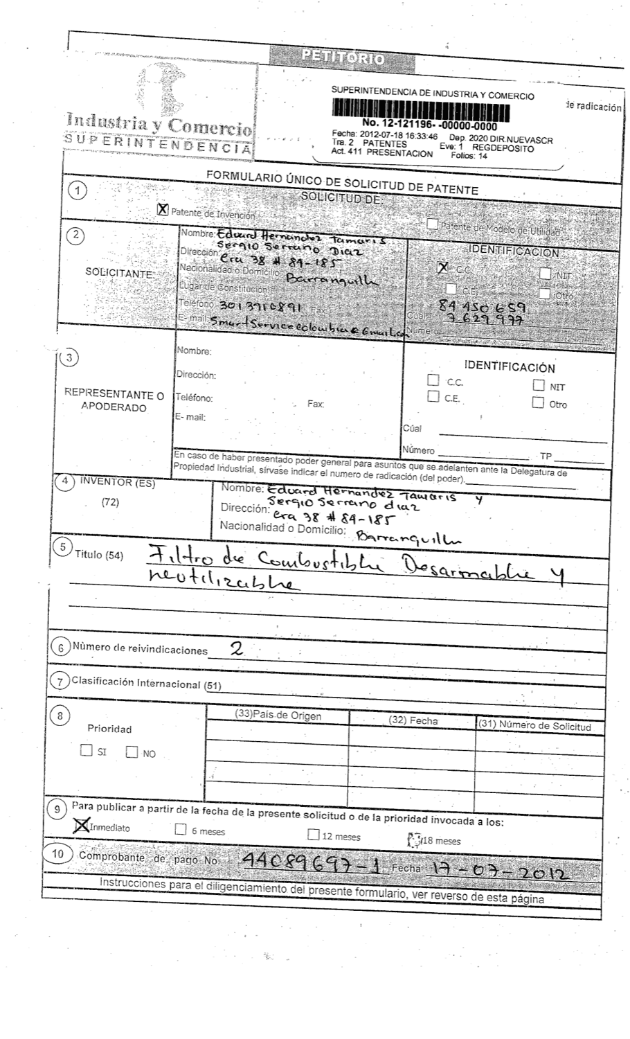 FILTRO DE COMBUSTIBLE DESAMARABLE Y REUTILIZABLE
