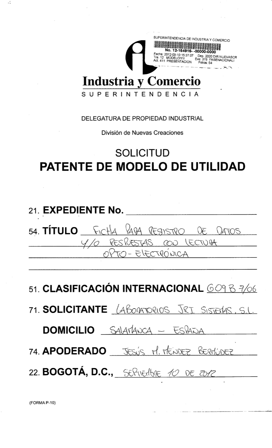 FICHA PARA REGISTRO DE DATOS Y/O RESPUESTAS CON LECTURA OPTO-ELECTRÓNICA