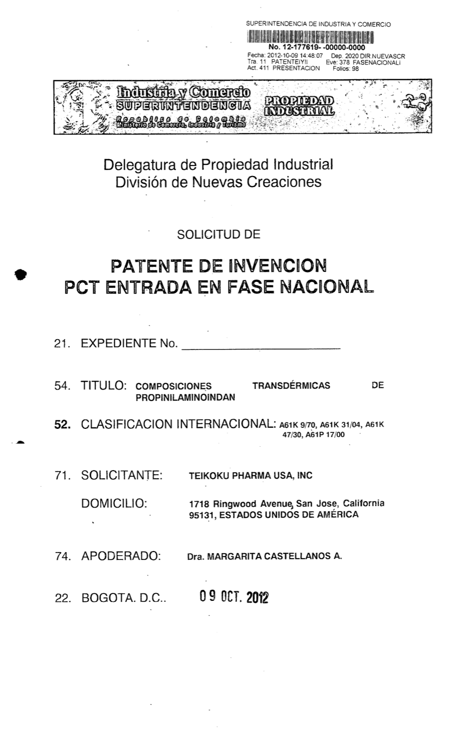 COMPOSICIONES TRANDÉRMICAS DE PROPINILAMINOINDAN
