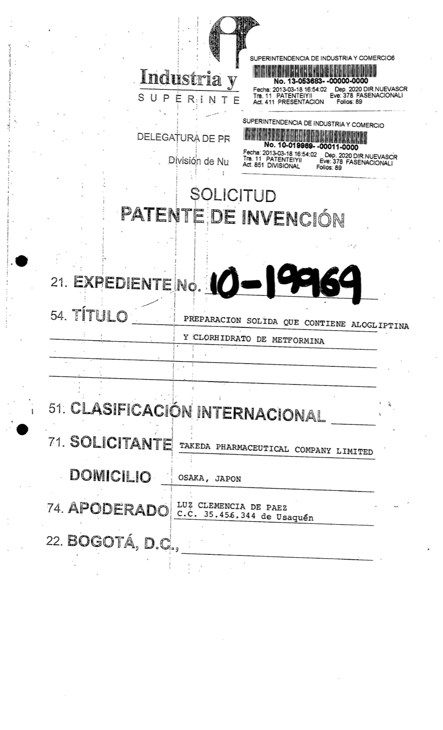 PREPARACION SOLIDA QUE CONTIENE ALOGLIPTINA Y CLORHIDRATO DE METFORMINA