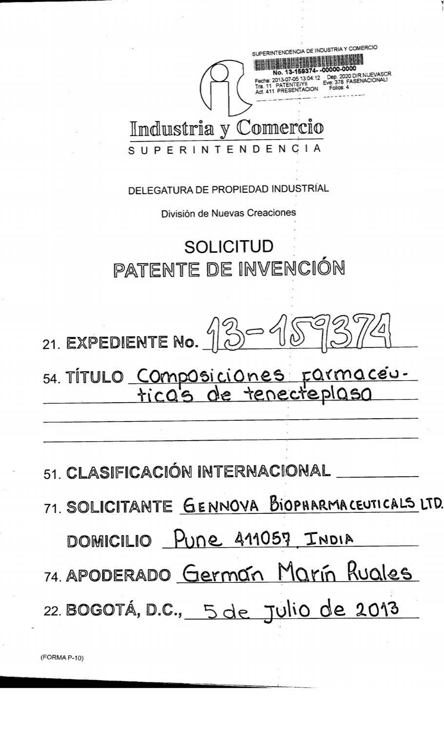 COMPOSICIONES FARMACÉUTICAS DE TENECTEPLASA