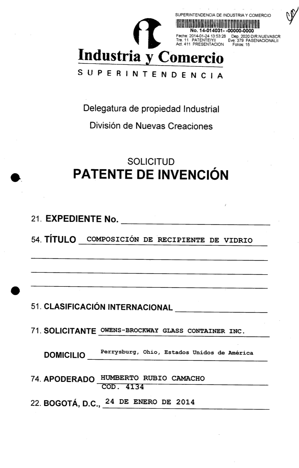 COMPOSICIÓN DE RECIPIENTE DE VIDRIO