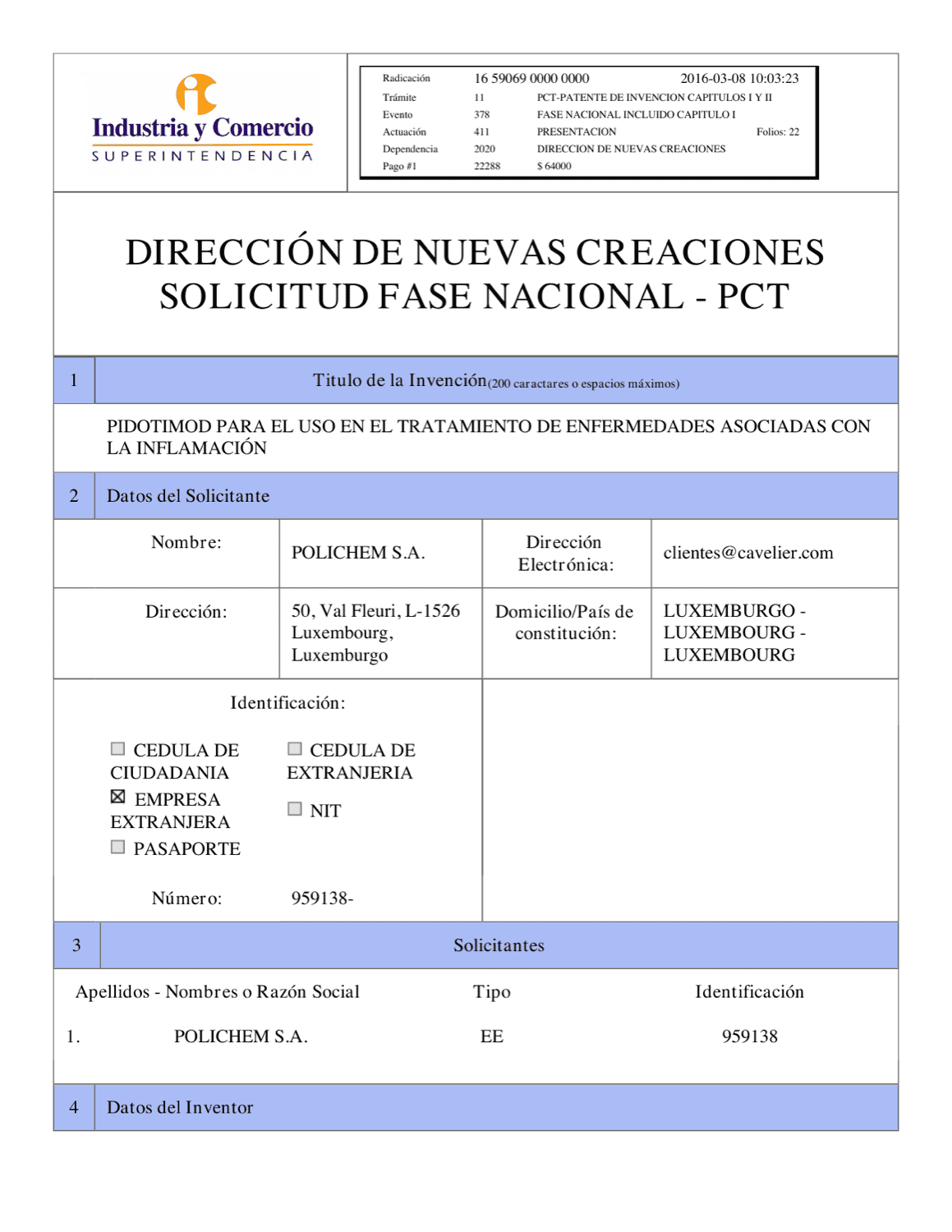 FORMULACIÓN SISTEMA QUE CONTIENE PIDOTIMOD