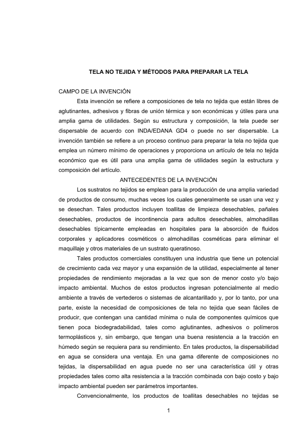 TELA NO TEJIDA Y MÉTODOS PARA PREPARAR LA TELA