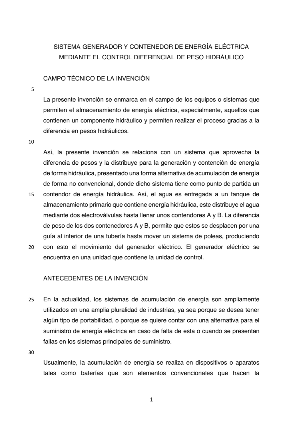SISTEMA GENERADOR Y CONTENEDOR DE ENERGÍA ELÉCTRICA MEDIANTE EL CONTROL DIFERENCIAL DE PESO HIDRÁULICO