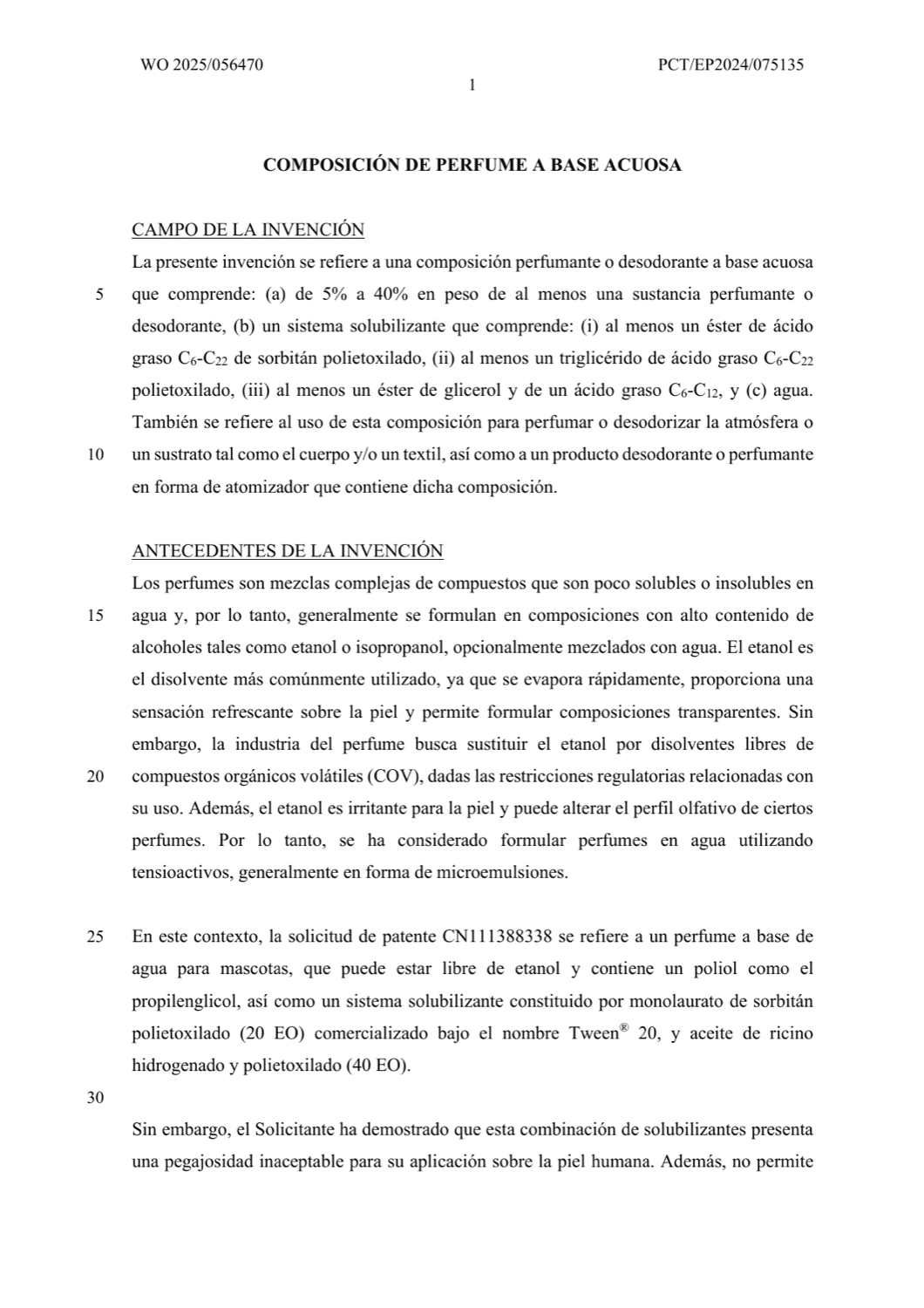 COMPOSICIÓN DE PERFUME A BASE ACUOSA